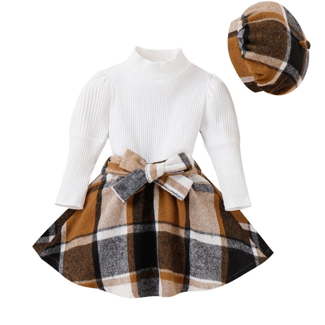 Penkiiy Ensemble Jupe Plissée 3 Pcs pour Tout-Petites Filles Tenue d'Automne Hiver pour Filles Robe Douillette Ensemble de Vêtements avec Béret 3-4 Ans Blanc