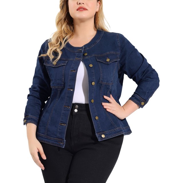 GRACE & GRANDEUR Juniors Plus Size Outfits Jean Long Sleeves Collarless Denim Jacket