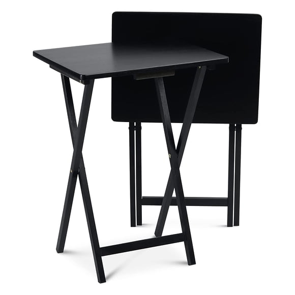 PJ Wood Folding TV Tray, Collapsible Portable Snack Serving Tables, Black, 2 Piece Set