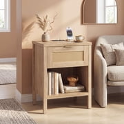 Giantex Rattan Nightstand, Wood Bedside End Table w/USB Ports for Bedroom, Oak