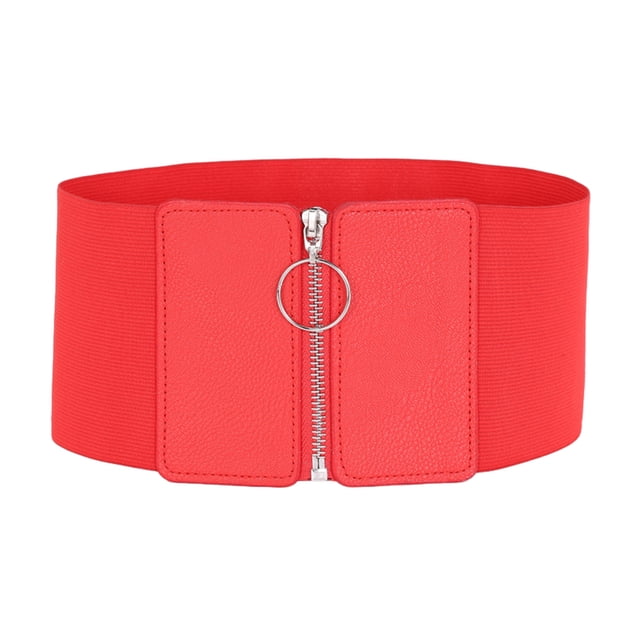 Maytalsory Fashionable And Practical Wide Waist Belt with zip closure in vibrant red. This elastic waistband, made of PU material, offers excellent stretch and comfort, measuring approximately 65cm by 12cm. A versatile statement accessory suitable for pairing with jeans, skirts, or dresses.