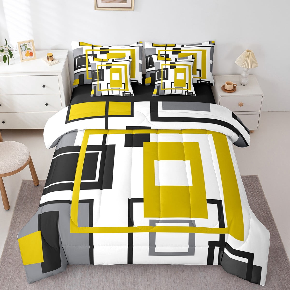 YST Abstract Geometry 7 Piece Bed In A Bag Geometric Square Striped Bedding Set Black White Yellow Grey Comforter Set For Kids Adults,Modern Simple Bedding Comforter Set Queen Size