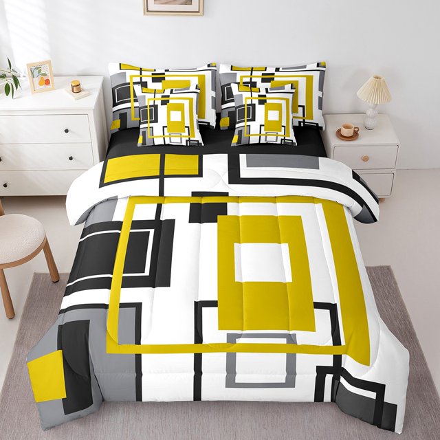 YST Abstract Geometry 7 Piece Bed In A Bag Geometric Square Striped Bedding Set Black White Yellow Grey Comforter Set For Kids Adults,Modern Simple Bedding Comforter Set Full Size