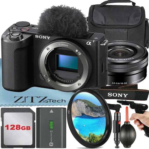 Sony ZV-E10 II Appareil Photo Sans Miroir (Noir) avec Objectif 16-50 mm + Carte 128 Go + Étui + Filtre UV + Ensemble d'Accessoires ZeeTech