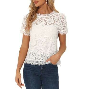 INSPIRE CHIC Haut en Dentelle Florale Transparente pour Femmes à Manches Courtes Froncées avec Bord Festonné Blanc Crème TP