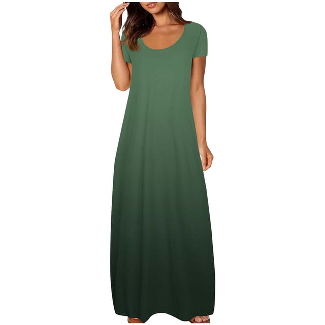 fatyb Robes Maxi à Manches Courtes pour Femmes Col Ras du Cou Décontractées Longues Robes Imprimées Robes T-Shirt d'Été