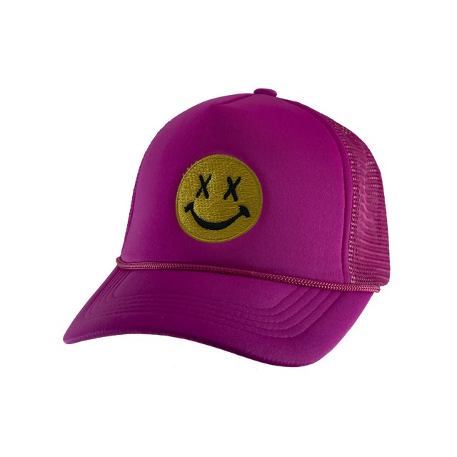Gravity Threads Smile Face Embroidery Adjustable Trucker Hat - Cross Eye - Hot Pink