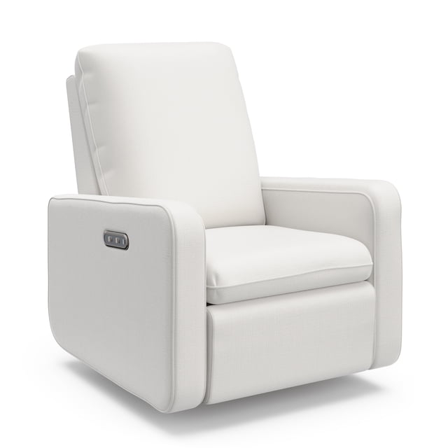 Graco Teddi Power Recliner Swivel Glider in ivory basketweave fabric, designed as a nursery chair with cushioned backrest, padded armrests, power recline controls on the side, and smooth swivel and glide motion for ergonomic support.