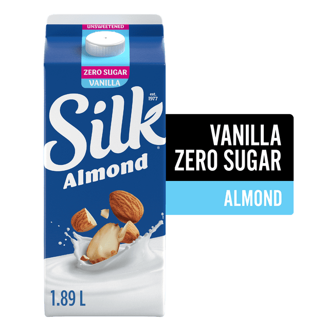 Silk Alternative au Lait d'Aman, Vanille Non Sucrée dans un carton Bleu de 1,89 L avec Capuchon Blanc, Présentant des Amandes Éclaboussées dans du Lait d'Amande. Cette Boisson Végétale Sans Sucre, Sans Produits Laitiers, non-OGM, Convient aux Céréales, aux Recettes Ou aux smoothies.