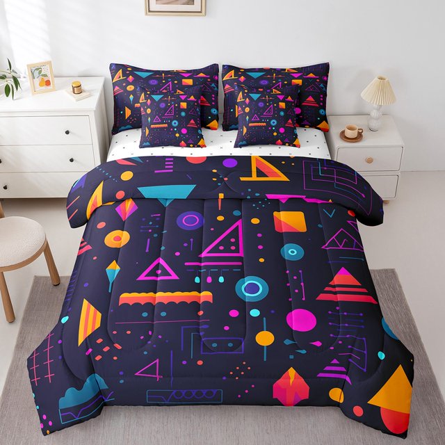YST Memphis Comforter Set With Sheets 7 Piece King Retro 80S 90S Bedding Set Abstract Geometric Triangle Circle Bed In A Bag For Kids Boys Adults,Hip-Hop Hippie Geometry Bed Set