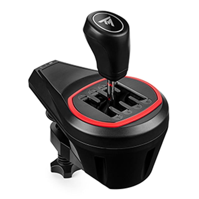Thrustmaster TH8S Shifter (PC) featuring a black ergonomic sport-style shift knob on a black base with red trim around the H-pattern shift plate for 7 forward gears and 1 reverse, equipped with a clamp mounting system for desk attachment, compatible with all Thrustmaster racing wheels on PC and consoles for precise manual gear shifting in racing simulations.