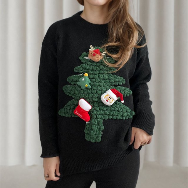 TIMIFIS Chandail de Noël pour Femmes à Imprimé Graphique, Manches Longues, Col Rond, Chandail Tricoté Léger, Chandail Décontracté d'Automne, Chandails des Fêtes