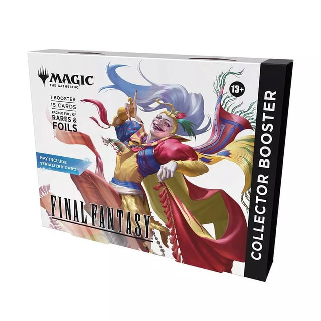 Magic: The Gathering Final Fantasy Collector Booster box with vibrant artwork of a character in flowing blue, red, and yellow robes, containing 1 booster pack of 15 cards including rares, foils, and possibly a serialized card, for ages 13 and up.