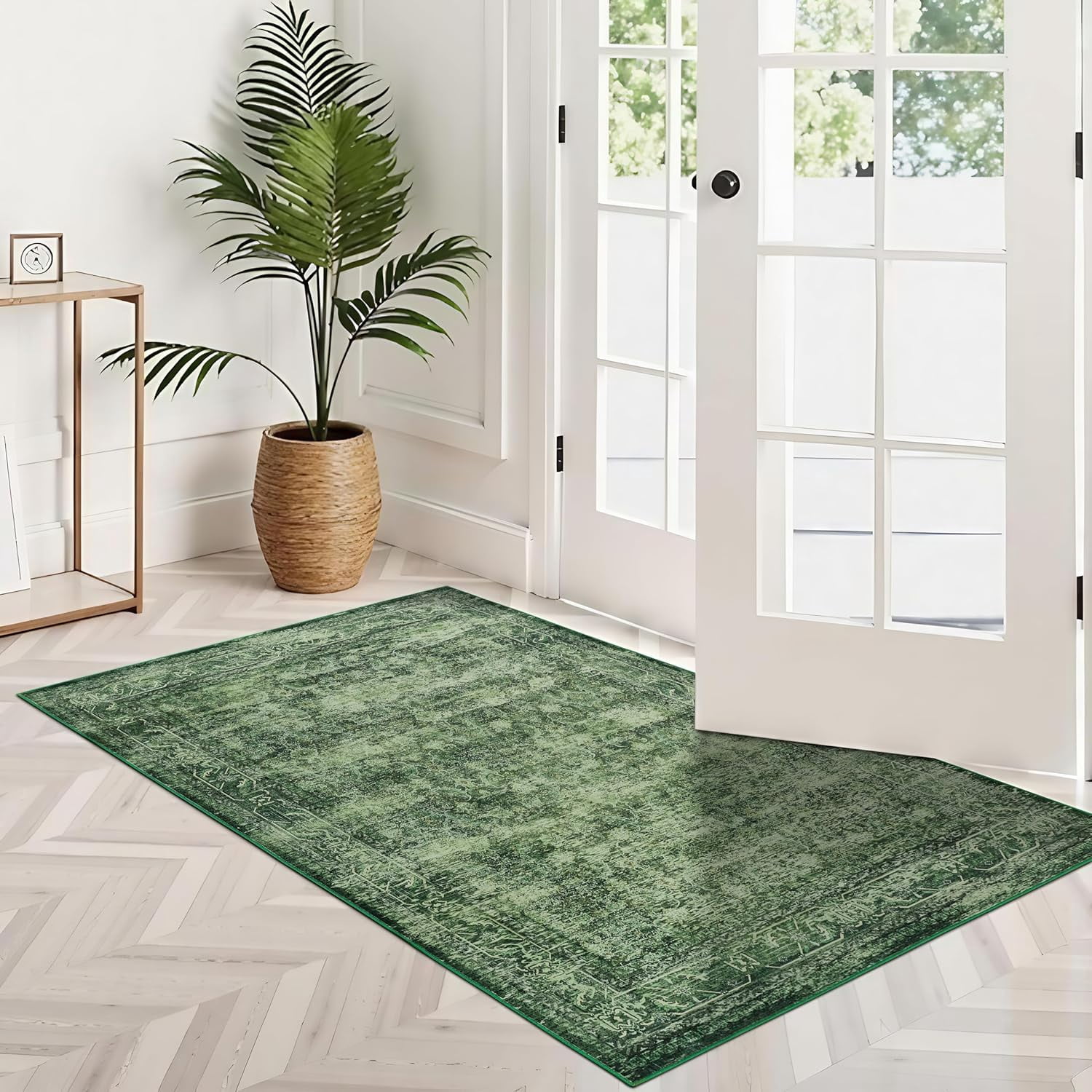 Tapis d'Intérieur Boho Vert 2 X 3 Pi – Tapis de Porte d'Entrée Lavable à la Machine, Tapis de Chevet Ou Tapis de Cuisine avec Endos Antidérapant et Poil Ras