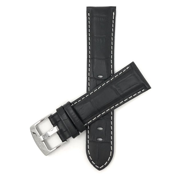 24mm Mens' Alligator Style Leather Watch Strap Band, White Stitching, Stainless Steel Buckle