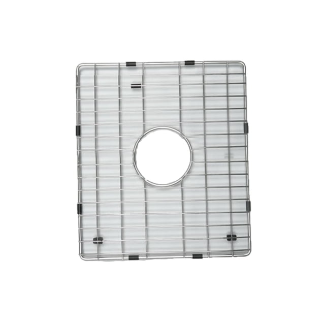 American Imaginations 10-in. W Kitchen Sink Grid AI-34697, square stainless steel grid with chrome finish and black rubber feet, designed for drop-in installation with a central circular cutout for sink drain, CSA certified for kitchen sink protection and organization, also suitable for use as a drying rack for small kitchenware.