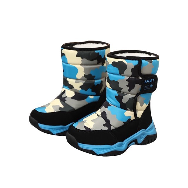 MAWCLOS Bottes Mi-Mollet Unisexes Bout Rond Chaussures d'Hiver Plateforme Antidérapantes Botte de Neige Doublée Peluche Randonnée Chaussure Chaude Camouflage Bleu 3Y