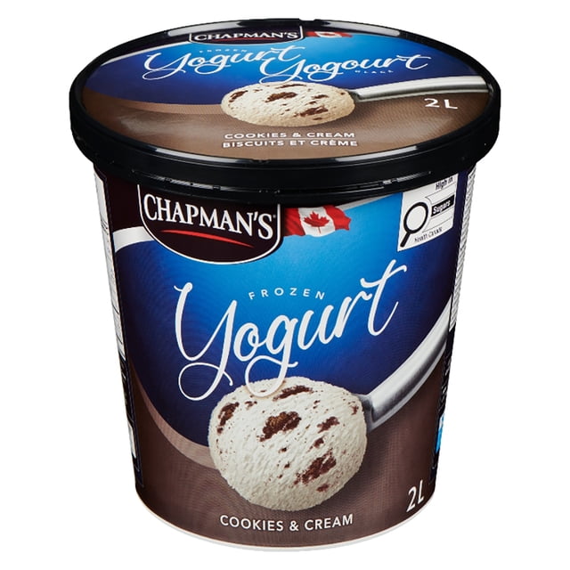 Chapman's Frozen Yogurt Cookies & Cream in a 2L tub with a blue and brown label featuring a scoop of cookies and cream frozen yogurt on a silver spoon, made with 100% Canadian dairy, kosher certified, and a healthier dessert option with natural flavour and colour, ideal for a creamy treat with less fat than regular ice cream.