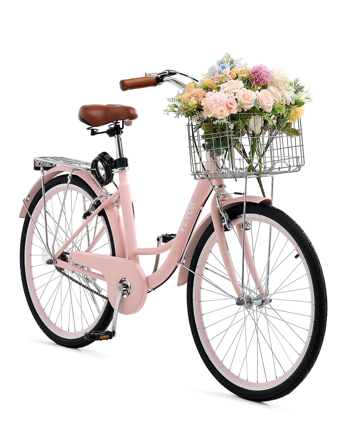 VEVOR 26-Inch Cruiser Bike 1-Speed Pink Beach Cruiser Bike with Basket