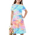 thumbnail image 1 of Soldes de Liquidation d'Été Iumwxz Robe Tunique Plissée Robe Ample Ligne A Robe Robe Col Rond Imprimé Teinture sur Nœuds Manches Courtes Robes pour Adolescentes Robe Confortable pour Rester à la Maison 4-14 Ans, 1 of 7