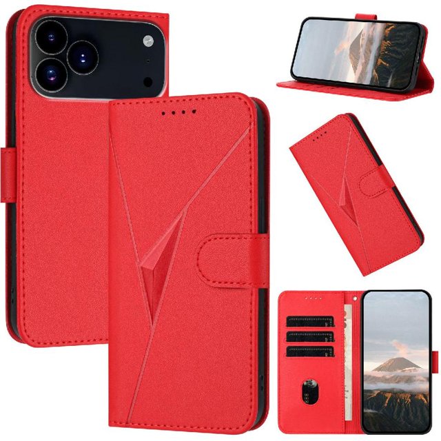 Premium Flip Case for iPhone 17 Pro Carbon Fiber Texture, Stand & Magnetic Clasp Red