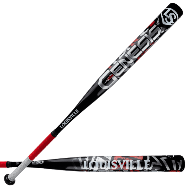 Genesis V2 Slowpitch Bat by Louisville Slugger shown in diagonal and horizontal views, made from one-piece 7050 alloy with a 7/8 tapered handle, 13-inch barrel length, and 2 1/4 inch diameter. It features black, red, and white graphics with a red and grey synthetic leather grip, endload swing weight, and association certification for slowpitch softball.