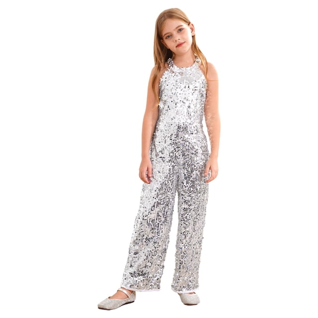 MSemis Combinaison à Paillettes Intégrales pour Filles, Col Licou, Sans Manches, pour Concours, Fête, Danse Formelle, Argent, 10