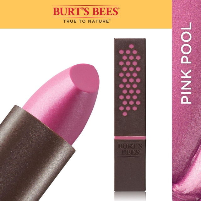Burt’s Bees 100% Natural Glossy Lipstick in Pink Pool shade showing a close-up of the pink glossy lipstick bullet with creamy texture and medium coverage, next to the dark brown rectangular tube embossed with Burt's Bees logo and honeycomb pattern, on a white background with a pink swatch.