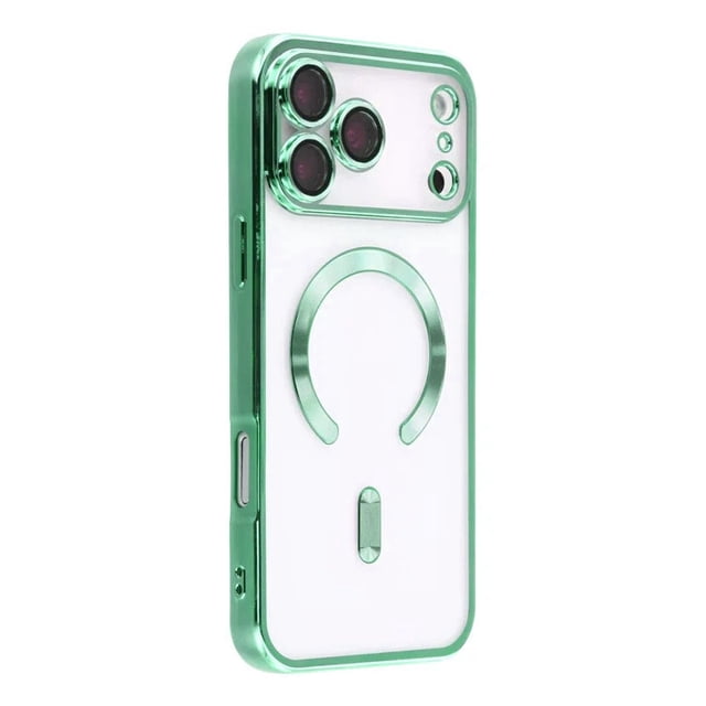 PST iPhone 17 Pro Max Case with a hybrid TPU back cover in a metallic green finish. The case features MagSafe-compatible magnetic wireless charging with built-in magnets for secure alignment. It includes raised edges for screen and camera protection, a scratch-resistant acrylic back for showcasing the phone's original design, and drop protection for durability.
