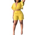 thumbnail image 4 of Mikilon Womens Oversized Stylish Outfits 2 Piece Set Ruffle Short Sleeve V-Neck Top Casual Shorts Summer Plus Size Suit Ruffle Short Sleeve V-Neck Top Casual Shorts Summer Plus Size Suits Yellow S, 4 of 7