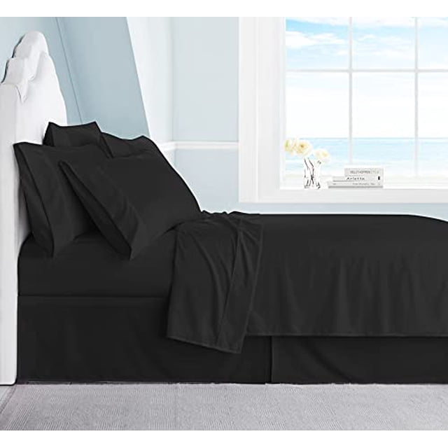 Swift Home Luxury Bedding Collection, Ultra-Soft Brushed Microfiber 4-Piece Bed Sheet Set in black, displayed on a twin-sized bed in a bright room with a window view. Includes a fitted sheet, flat sheet, and two pillowcases, designed for durability, wrinkle resistance, and easy fit.