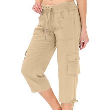 Womens Plus Size Capris for Summer New Cargo Capris for Women Drawstring High Waisted Hiking Cropped Pants with Pockets Summer Travel Trousers Beige XL