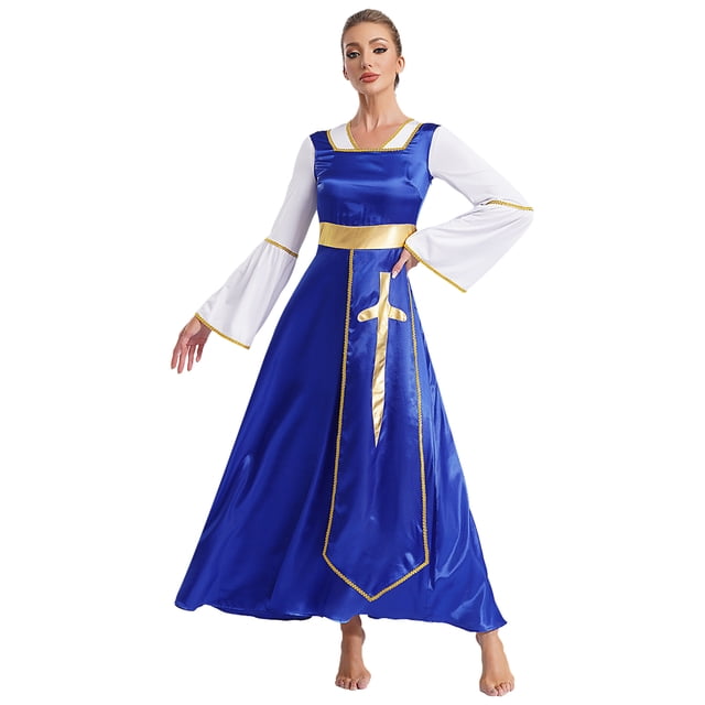 Sxiwei Tunique Superposée de Danse de Louange pour Femmes Longueur Cheville Coupe Ample Robe Maxi Robe de Culte Liturgique Bleu 3TG