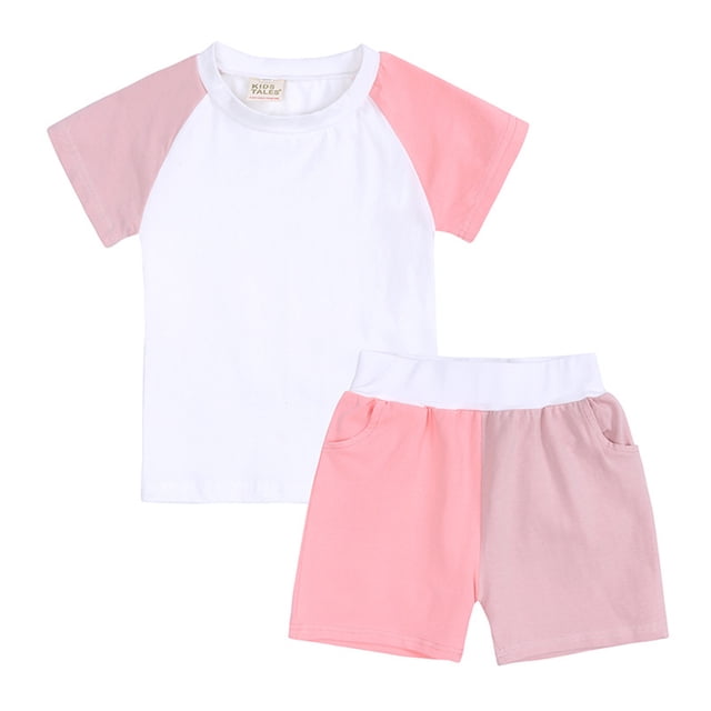 Chemises pour Filles Couleur Unie Col Rond Fileté Manches Courtes et Shorts Ensemble Deux Pièces