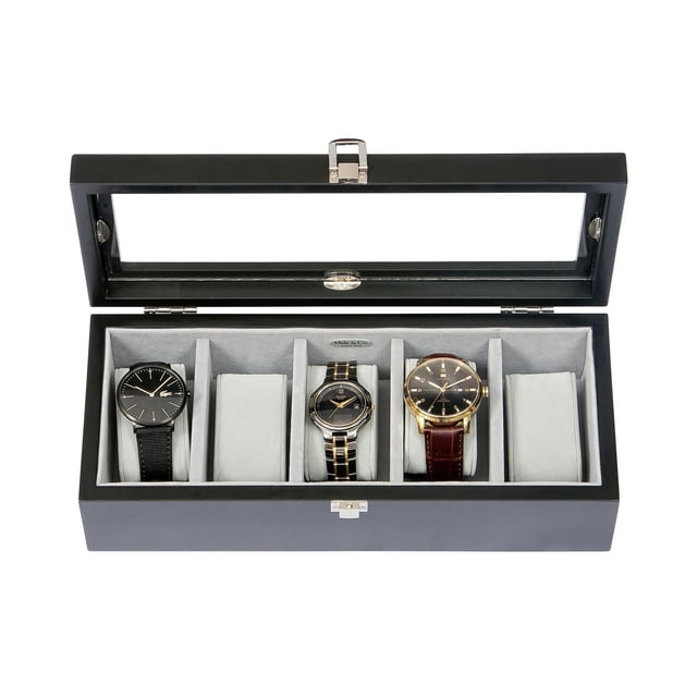 Mele and Co Tate Java Finish Glass Top Wooded Watch Box with an open clear glass lid, featuring a java finish wooden case with silver flip latch and five light grey fabric-lined compartments holding three men's watches, suitable for watch storage and organization.