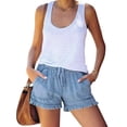 thumbnail image 2 of Kmbangi Women Washed Denim Shorts Elastic Waist Frayed Hem Loose Short Jeans, 2 of 9