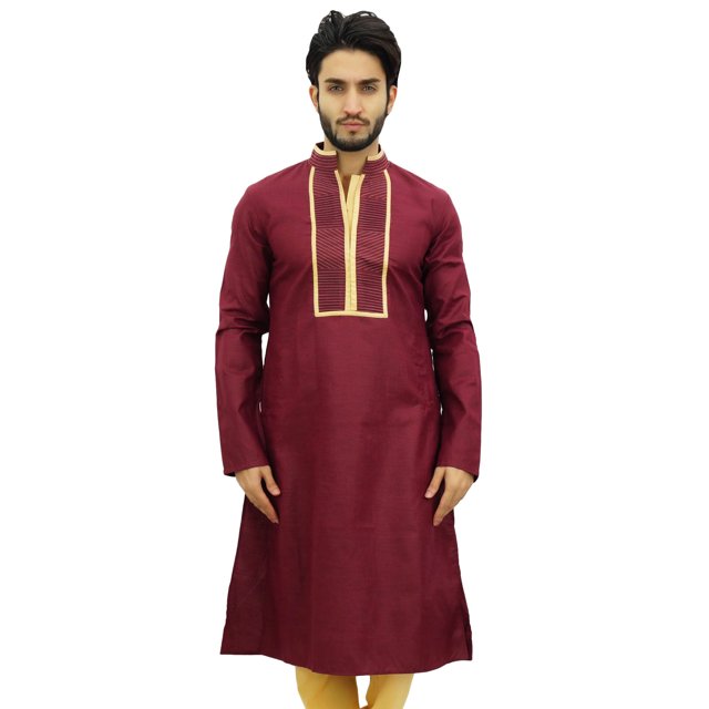 Atasi Men's Designer Maroon Kurta Pyjama Set Long Cotton Punjabi Shirt-Large