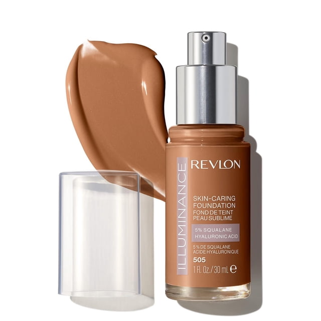 Revlon Illuminance Skin-Caring Liquid Foundation Makeup, Medium Coverage, 30mL in shade 505 with pump dispenser and clear cap, shown with a smooth swatch of medium brown foundation, containing 5% squalane and hyaluronic acid to hydrate and enhance skin radiance.
