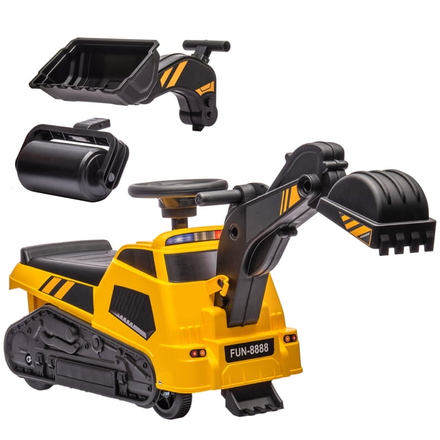 Aosom 3 in 1 Ride on Excavator Bulldozer, Road Roller w/ Music in green and black. This versatile ride-on toy features interchangeable attachments for use as an excavator, bulldozer, or road roller. It includes a music-playing steering wheel, anti-rollover design, and foot-sliding control for active play. Made of PP and steel, it has smooth PP wheels suitable for concrete or wooden floors. Dimensions are 39.4 inches long, 16.9 inches wide, and 19.1 inches high, with a weight capacity of 55 lbs. Suitable for children aged 18-48 months. Batteries not included.