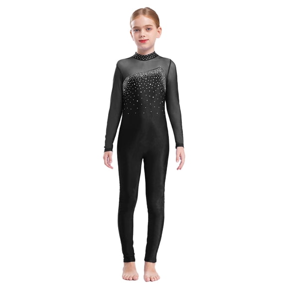 inlzdz Justaucorps de Patinage Artistique pour Filles, Léotards de Gymnastique, Costume à Manches Longues avec Trou au Dos, Combinaison à Strass avec Bandeau, Noir 14