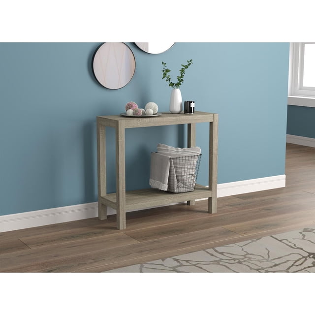 Safdie & Co. Console Table 26L Dark Taupe 1 Shelf rectangular console table in dark taupe with a clean-lined top, one lower shelf and four straight square legs, 26" L x 9.85" W x 23" H; entryway table or sofa-back accent, often used to display books, photos or small plants.