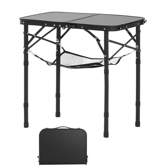 KFFKFF Folding Camping Table, Adjustable Height Portable Side Tables, Aluminum MDF Beach Table with Mesh Layer, Carrying Handle, Lightweight Compact, 24x16in, Black