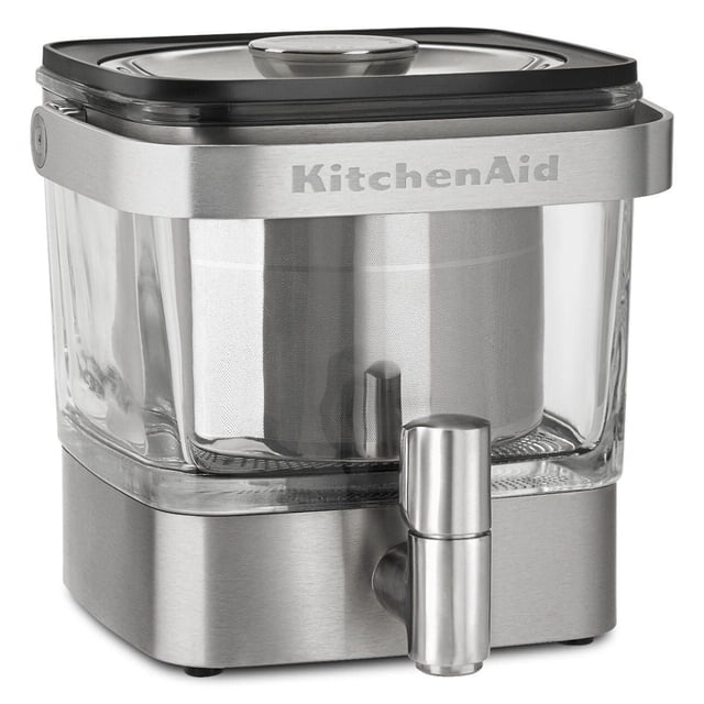 KitchenAid® Cafetière à Infusion à Froid 28 oz avec carafe en Verre Transparent et base en Acier Inoxydable Brossé, Robinet Intégré en Acier Inoxydable, Infuseur Réutilisable en Acier Inoxydable avec Indicateurs de Niveau de Remplissage, Couvercle Noir et Poignée de Transport pour une Portabilité Facile.