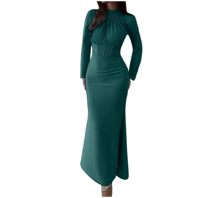 Pisexur Robes de Cocktail pour Femmes 2024 à Manches Longues à Col Rond Robe de Soirée Robe de Fête Mode Moulante Couleur Unie Robe Maxi Élégante Robe d'Invitée de Mariage Robes Plissées pour le Retour à la Maison