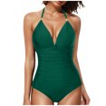 thumbnail image 3 of VBTAPA Tummy Control Swimsuits for Women Full Coverage One Piece Bathing Suits Metal Halter V Neck Ruched Slimming Swimwear on Sale Green L, 3 of 5