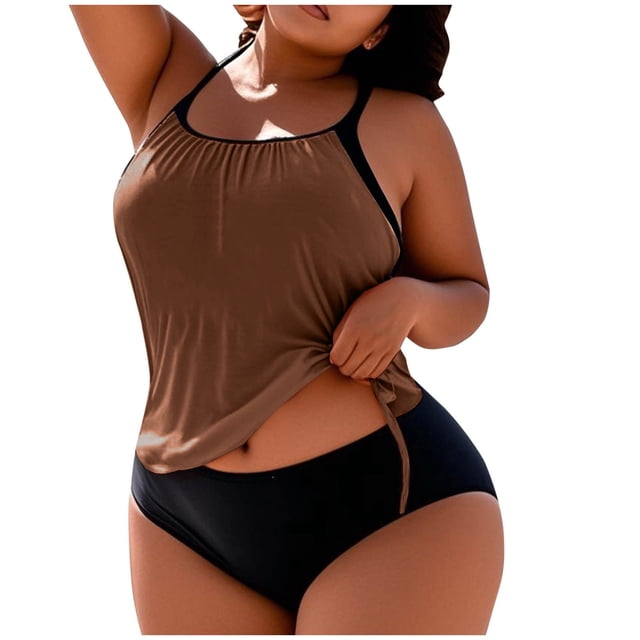 FAVIPT Plus Size Tropical Beach Tankini 2 Piece Tummy Control Swimssuits Ruched Drawstring Comfy Bathing Suit 2026 Brown,XXXXL