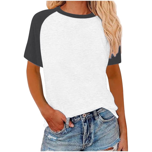 Womens Summer Raglan T-Shirts Color Block Plus Size Baseball Tees Casual Short Sleeve Loose Pullover Dark Gray, 2XL
