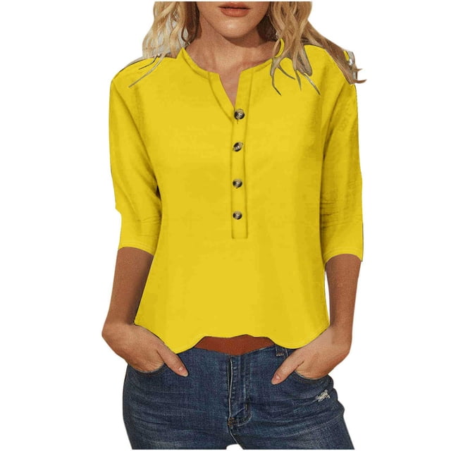 FAIWAD Womens 3/4 Sleeve Tops Casual Loose V Neck Button Down Tunic Tops Spring Summer Basic Blouse