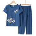 thumbnail image 2 of Mikilon Ensemble Élégant pour Femmes 2 Pcs Coton Lin Costume Deux Pièces Manches Courtes Col Rond Haut Imprimé Pantalon Ensemble Bleu-A L, 2 of 3