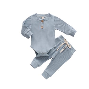 Newborn Infant Baby Boys Girls Fall Winter Clothes Ribbed Long Sleeve Romper Tops and Pants Outfits Set